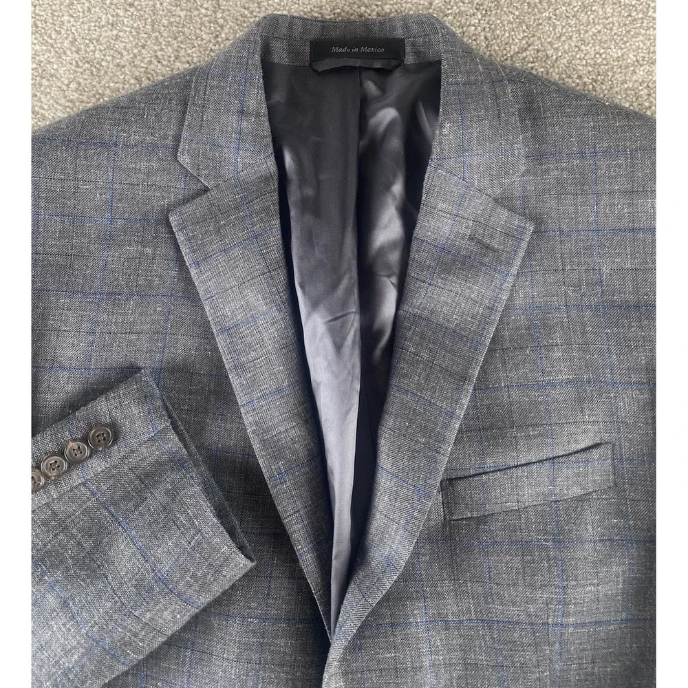 Lauren Ralph Lauren Gray/Blue Window Pane Blazer Mens 44R Wool/Silk/Linen Preppy